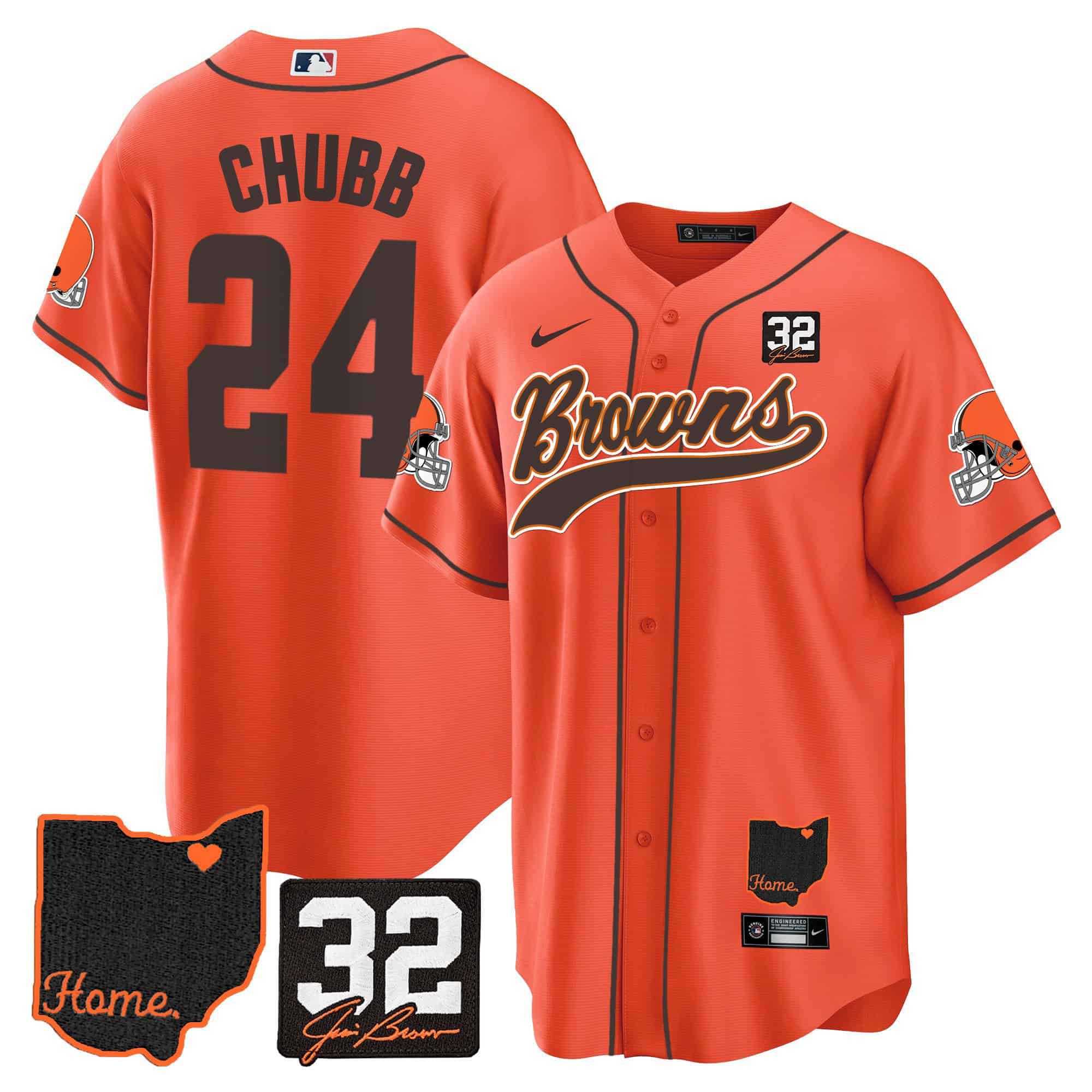 Men Cleveland Browns 24 Chubb Orange Memorial Home Patch Baseball 2024 Nike NFL Jersey